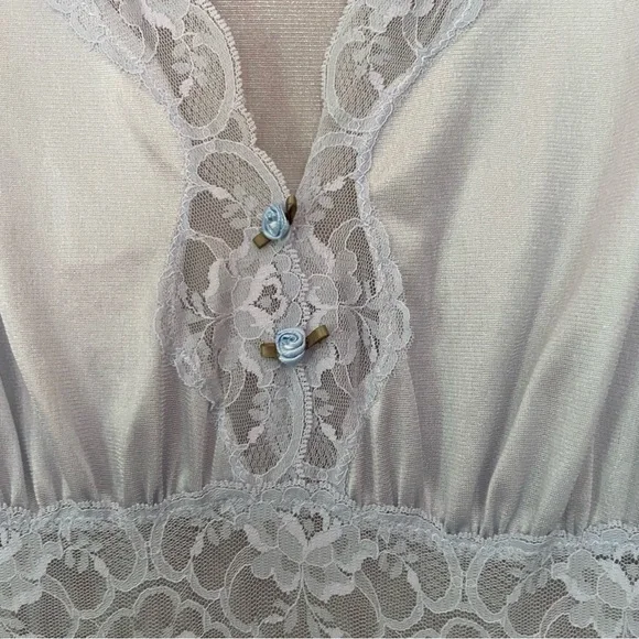 Vintage 80s Quiet Moments blue lace trim rose floral detail maxi slip dress - Picture 3 of 7